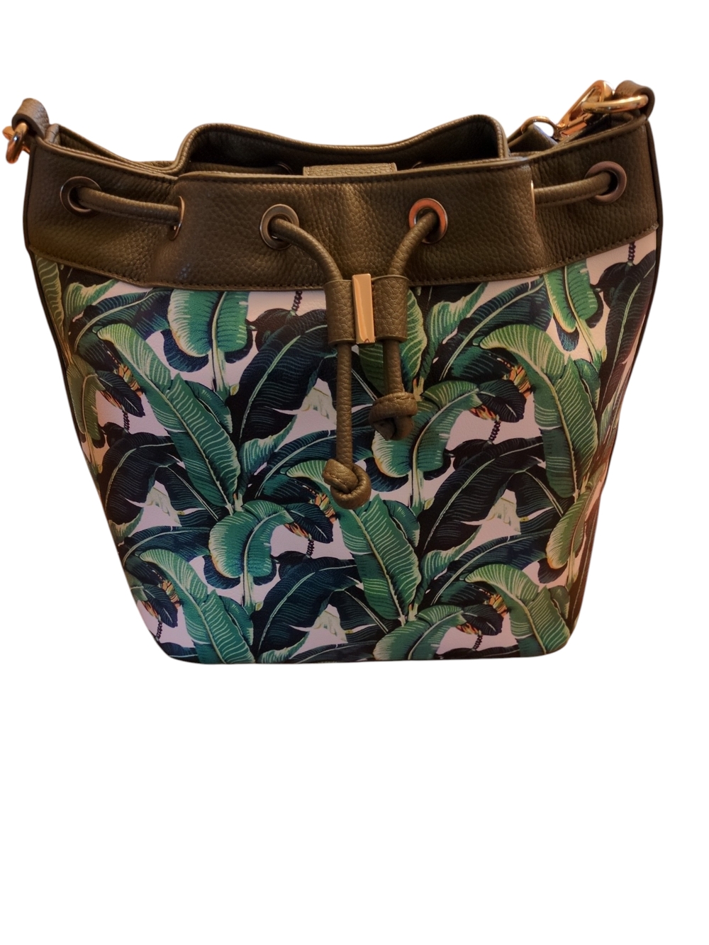 Charming Charlie Tropical Leaf Drawstring Bucket Bag = NWOT